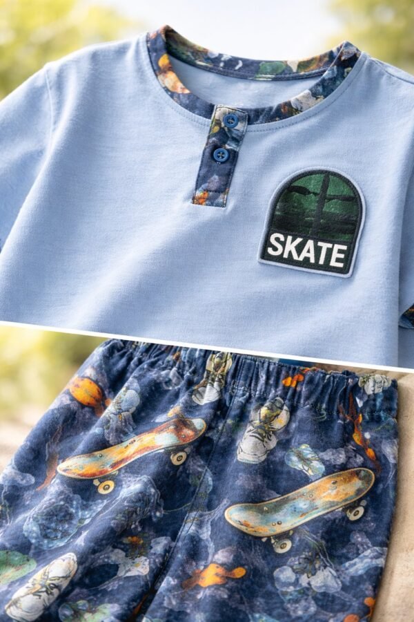 Erkek Çocuk Skate Yazılı Kısa Kollu Pamuklu Mavi Renk Pijama Takımı rahat ve şık tasarım - Gorsel 3