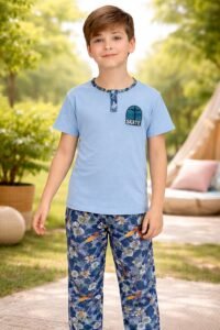 Erkek Çocuk Skate Yazılı Kısa Kollu Pamuklu Mavi Renk Pijama Takımı