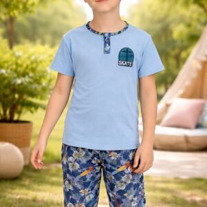 Erkek Çocuk Skate Yazılı Kısa Kollu Pamuklu Mavi Renk Pijama Takımı