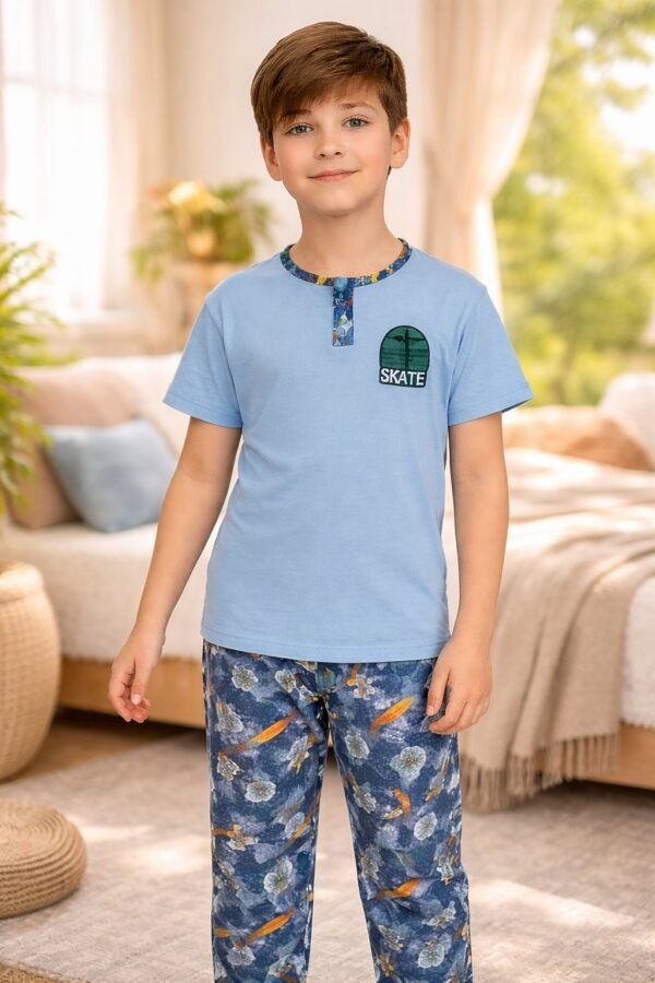 Erkek Çocuk Skate Yazılı Kısa Kollu Pamuklu Mavi Renk Pijama Takımı rahat ve şık tasarım - Gorsel 2
