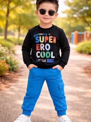 Erkek Çocuk Supercool Yazılı Siyah Uzun Kollu Spor Takımı rahat ve şık çocuk giyim