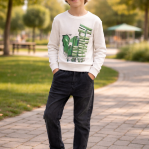 Erkek Çocuk Sweatshirt ve Kot Pantolon Takımı Siyah ve Mavi Renkler, Rahat ve Dayanıklı, Günlük Giyim