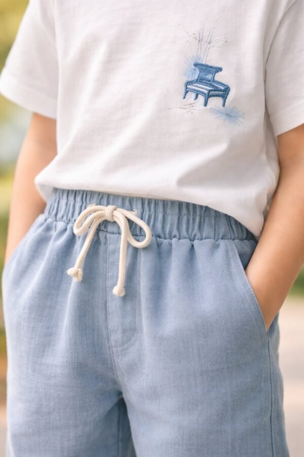 Erkek çocuk keten pantolon ve tişört takımı beyaz renkli rahat ve kullanışlı - Gorsel 3