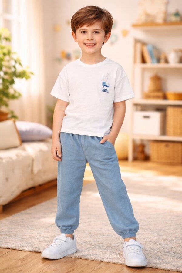Erkek çocuk keten pantolon ve tişört takımı beyaz renkli rahat ve kullanışlı - Gorsel 2