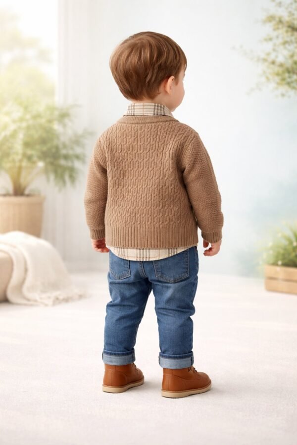 Bebek Erkek Krem Takım, 3 Parça Kot Gömlek Hırka, Günlük Kullanım - Gorsel 4