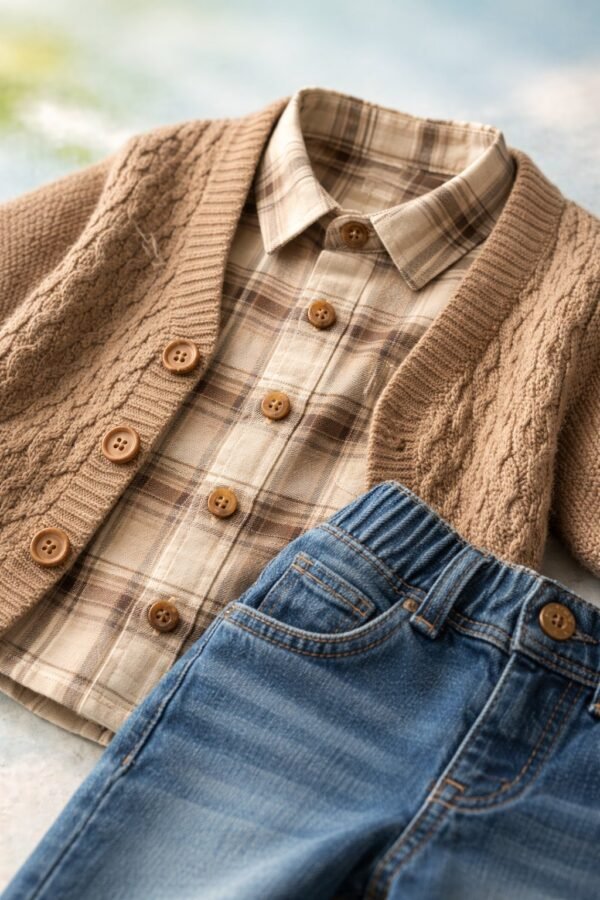 Bebek Erkek Krem Takım, 3 Parça Kot Gömlek Hırka, Günlük Kullanım - Gorsel 3