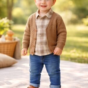 Bebek Erkek Krem Takım, 3 Parça Kot Gömlek Hırka, Günlük Kullanım