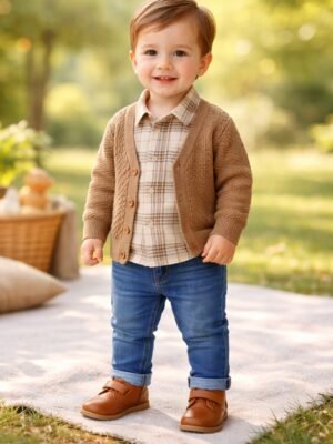 Bebek Erkek Krem Takım, 3 Parça Kot Gömlek Hırka, Günlük Kullanım