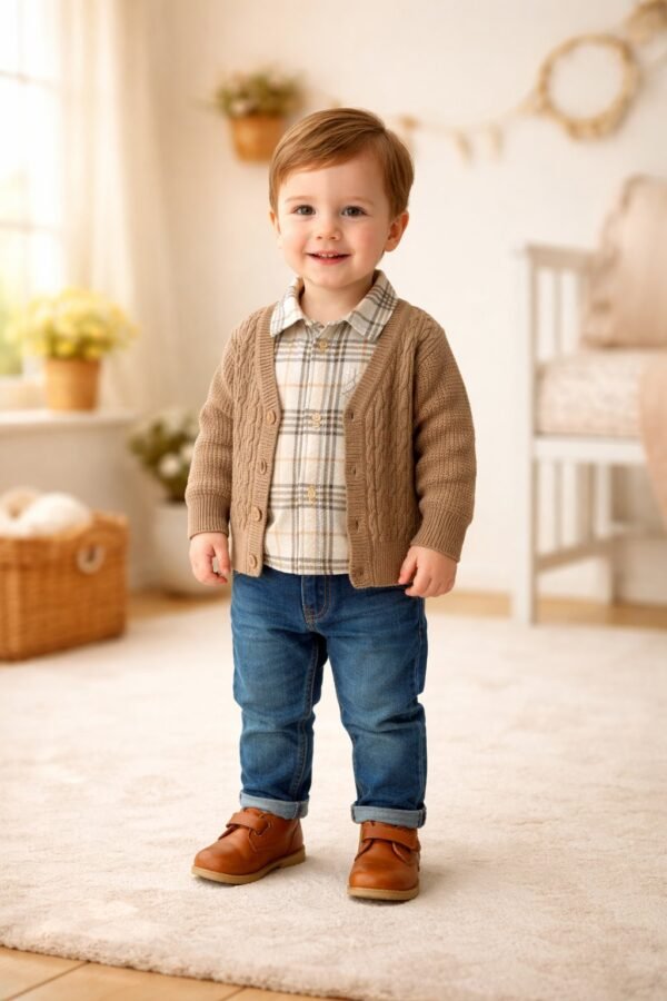 Bebek Erkek Krem Takım, 3 Parça Kot Gömlek Hırka, Günlük Kullanım - Gorsel 2