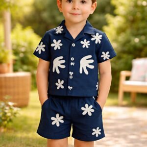 Erkek Çocuk Yaprak Desenli Kısa Kollu Müslin Takım Düğmeli Yaka