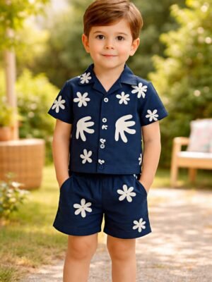 Erkek Çocuk Yaprak Desenli Kısa Kollu Müslin Takım Düğmeli Yaka