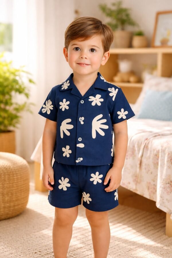 Erkek Çocuk Yaprak Desenli Kısa Kollu Müslin Takım Düğmeli Yaka - Gorsel 2