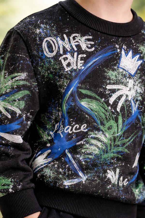 Erkek Çocuk Yazı Baskılı Siyah Eşofman Takımı rahat ve şık spor giysi - Gorsel 3