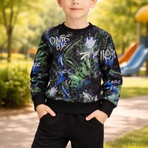 Erkek Çocuk Yazı Baskılı Siyah Eşofman Takımı rahat ve şık spor giysi