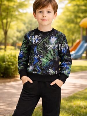 Erkek Çocuk Yazı Baskılı Siyah Eşofman Takımı rahat ve şık spor giysi