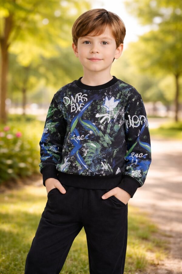 Erkek Çocuk Yazı Baskılı Siyah Eşofman Takımı rahat ve şık spor giysi - Gorsel 2