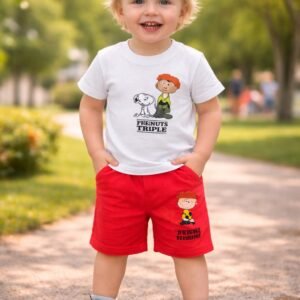 Erkek Çocuk Yazlık Takım Beyaz Tişört ve Kırmızı Şort, Rahat ve Şık