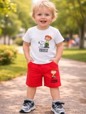 Erkek Çocuk Yazlık Takım Beyaz Tişört ve Kırmızı Şort, Rahat ve Şık