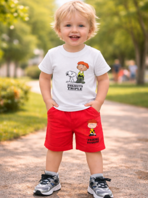 Erkek Çocuk Yazlık Takım Beyaz Tişört ve Kırmızı Şort, Rahat ve Şık