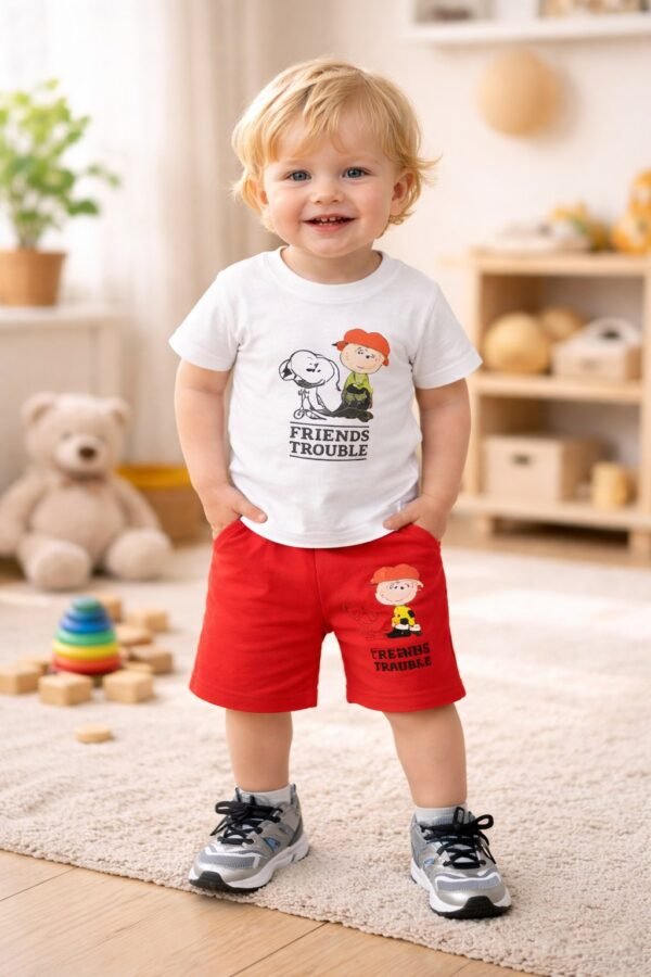 Erkek Çocuk Yazlık Takım Beyaz Tişört ve Kırmızı Şort, Rahat ve Şık - Gorsel 2