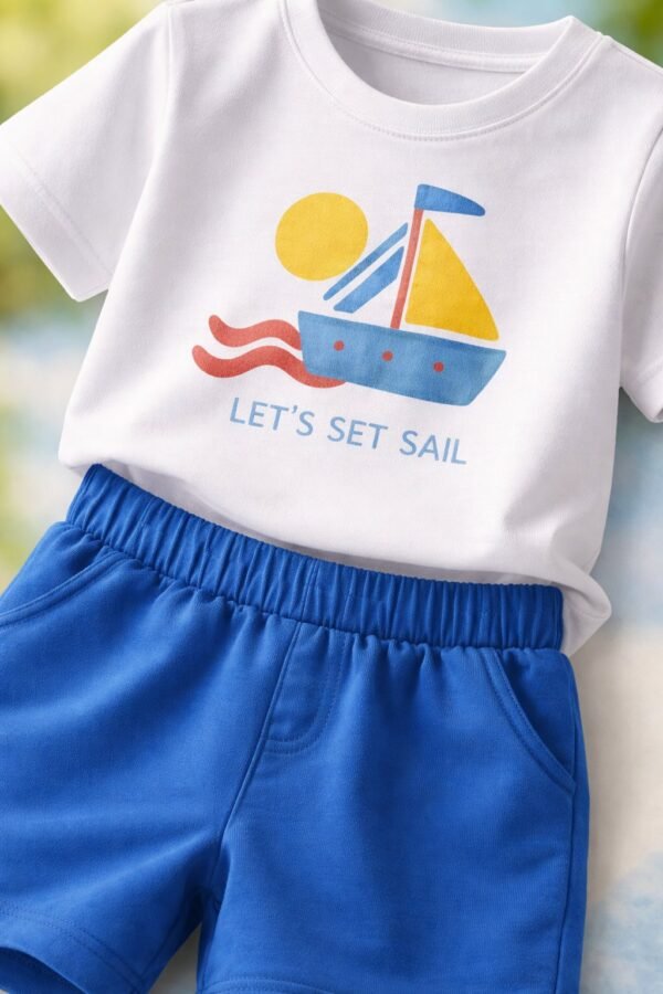 Erkek Bebek Yelkenli Baskılı Kısa Kollu Tişört ve Şort Takım, Yazlık, Rahat ve Dayanıklı - Gorsel 3