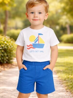 Erkek Bebek Yelkenli Baskılı Kısa Kollu Tişört ve Şort Takım, Yazlık, Rahat ve Dayanıklı