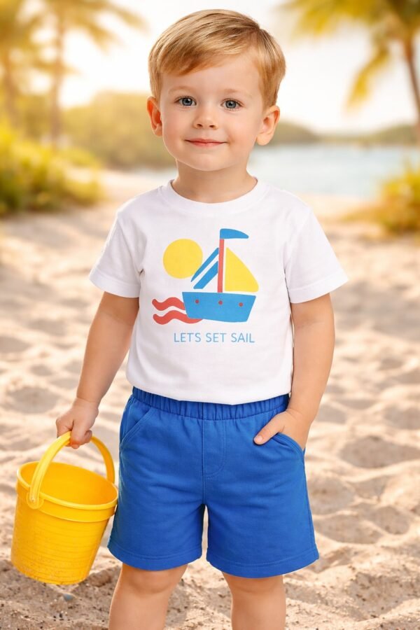 Erkek Bebek Yelkenli Baskılı Kısa Kollu Tişört ve Şort Takım, Yazlık, Rahat ve Dayanıklı - Gorsel 2