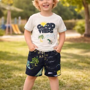 Good Vibes Desenli Erkek Çocuk Takımı Şortlu Yaz Sezonu rahat ve şık