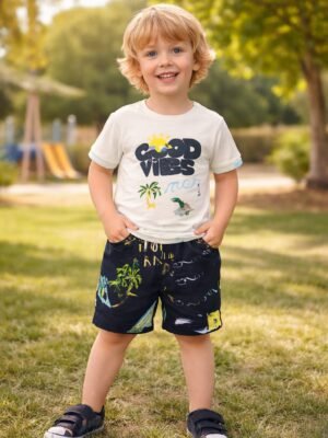 Good Vibes Desenli Erkek Çocuk Takımı Şortlu Yaz Sezonu rahat ve şık