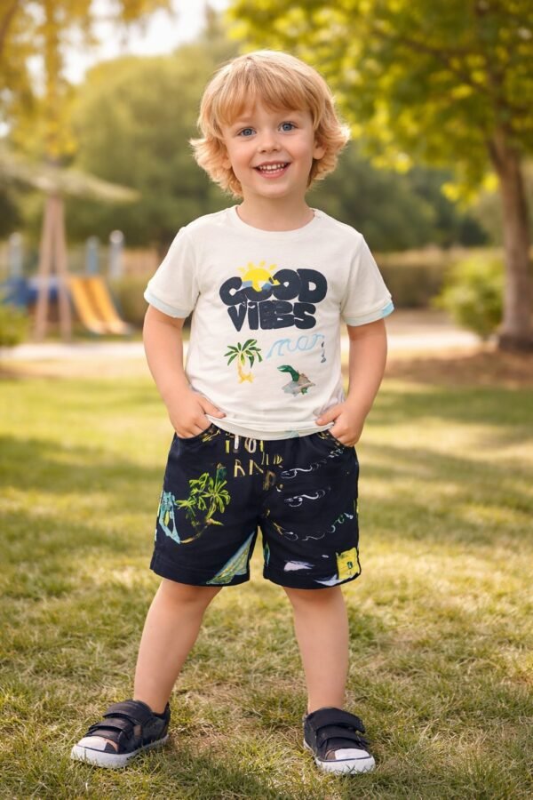 Good Vibes Desenli Erkek Çocuk Takımı Şortlu Yaz Sezonu rahat ve şık