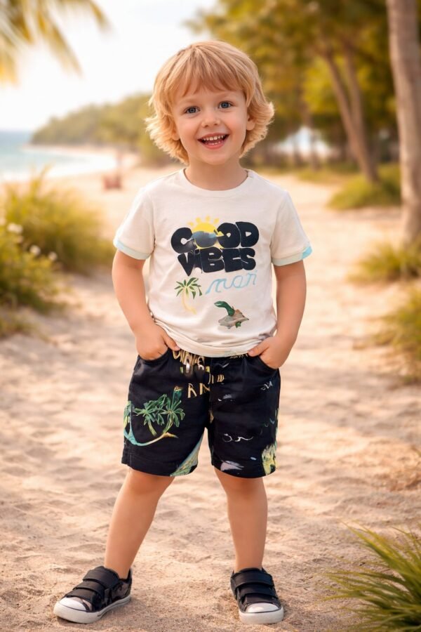 Good Vibes Desenli Erkek Çocuk Takımı Şortlu Yaz Sezonu rahat ve şık - Gorsel 2