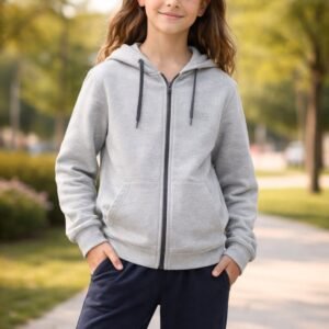 Gri Kapşonlu Fermuarlı Erkek Çocuk Hırkası 9-12 Yaş Uzun Kollu ve Günlük Kullanım