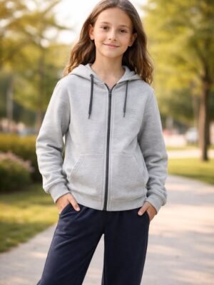 Gri Kapşonlu Fermuarlı Erkek Çocuk Hırkası 9-12 Yaş Uzun Kollu ve Günlük Kullanım