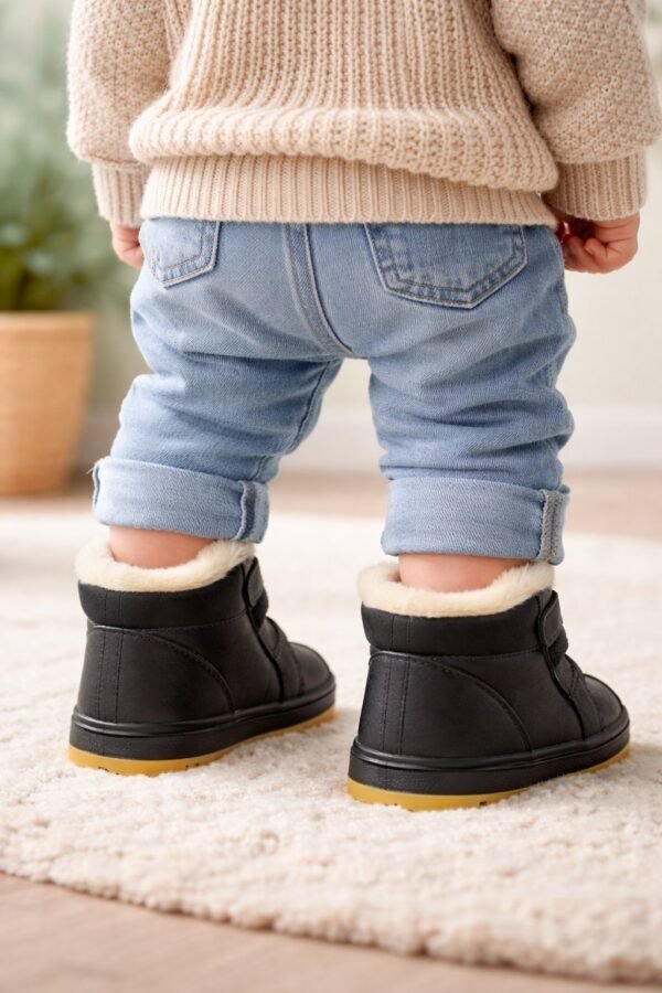 Siyah renk çocuk botu su geçirmez iç tüylü kaymaz taban çocuk ayakkabısı - Gorsel 4