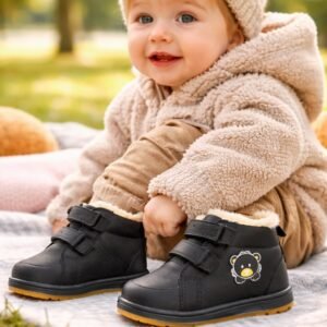 Siyah renk çocuk botu su geçirmez iç tüylü kaymaz taban çocuk ayakkabısı