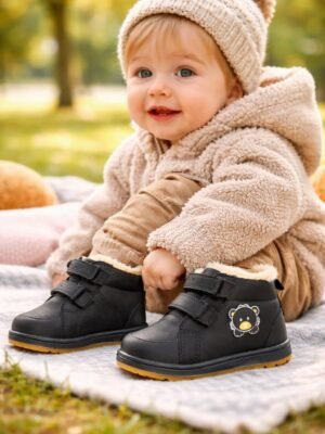 Siyah renk çocuk botu su geçirmez iç tüylü kaymaz taban çocuk ayakkabısı