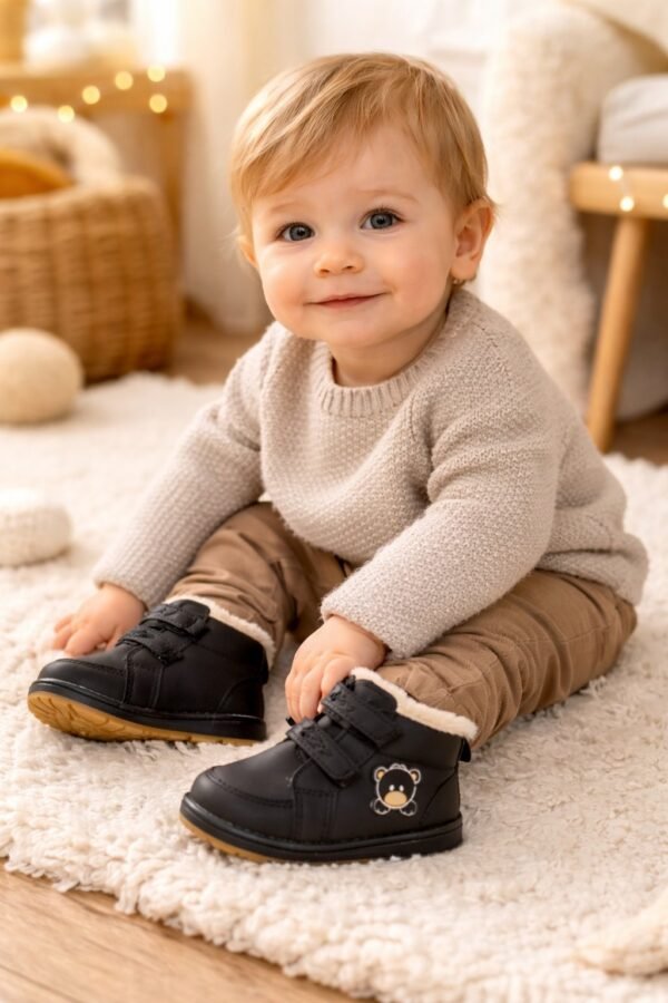 Siyah renk çocuk botu su geçirmez iç tüylü kaymaz taban çocuk ayakkabısı - Gorsel 2