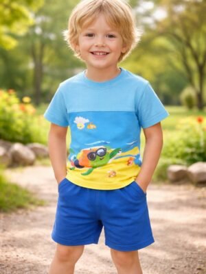 Kablumbağa Desenli Erkek Çocuk Takımı Mavi Günlük Giyim ve Spor Seti