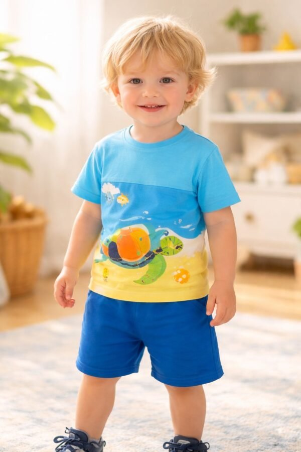 Kablumbağa Desenli Erkek Çocuk Takımı Mavi Günlük Giyim ve Spor Seti - Gorsel 2