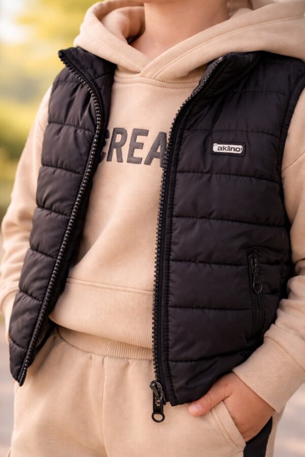 Kapitone Siyah Yelekli Erkek Çocuk Takım şık ve rahat günlük giyim - Gorsel 3