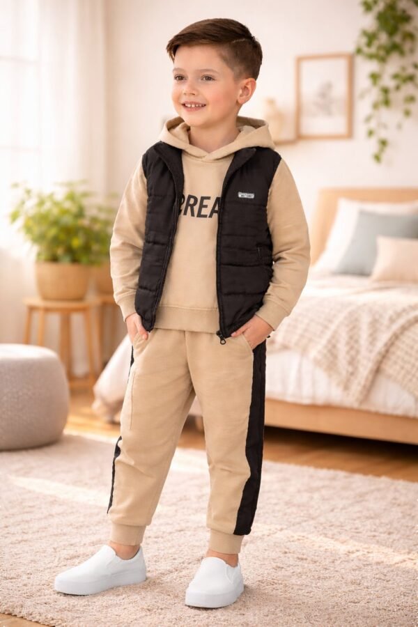 Kapitone Siyah Yelekli Erkek Çocuk Takım şık ve rahat günlük giyim - Gorsel 2