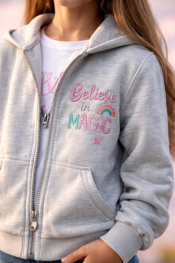 Gri renkli kız çocuk kapüşonlu hırkası fermuarlı ve rahat kullanım - Gorsel 3