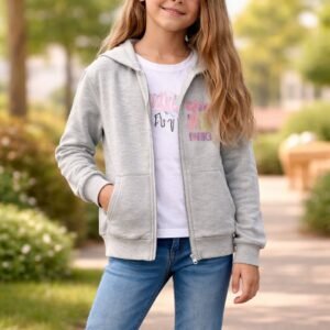 Gri renkli kız çocuk kapüşonlu hırkası fermuarlı ve rahat kullanım