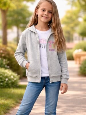 Gri renkli kız çocuk kapüşonlu hırkası fermuarlı ve rahat kullanım