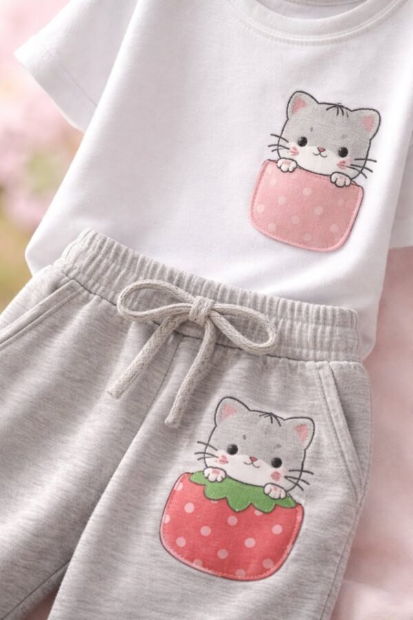 Kedi Desenli Kız Çocuk 3 Parça Eşofman Takımı - Gri Kedi Baskılı Çocuk Spor Kıyafeti Seti - Gorsel 3