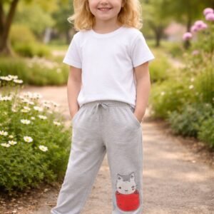 Kedi Desenli Kız Çocuk 3 Parça Eşofman Takımı - Gri Kedi Baskılı Çocuk Spor Kıyafeti Seti