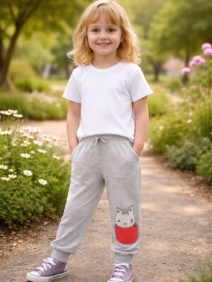 Kedi Desenli Kız Çocuk 3 Parça Eşofman Takımı - Gri Kedi Baskılı Çocuk Spor Kıyafeti Seti