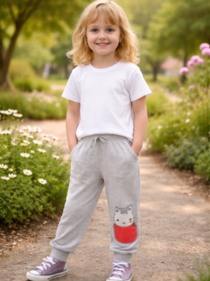 Kedi Desenli Kız Çocuk 3 Parça Eşofman Takımı - Gri Kedi Baskılı Çocuk Spor Kıyafeti Seti
