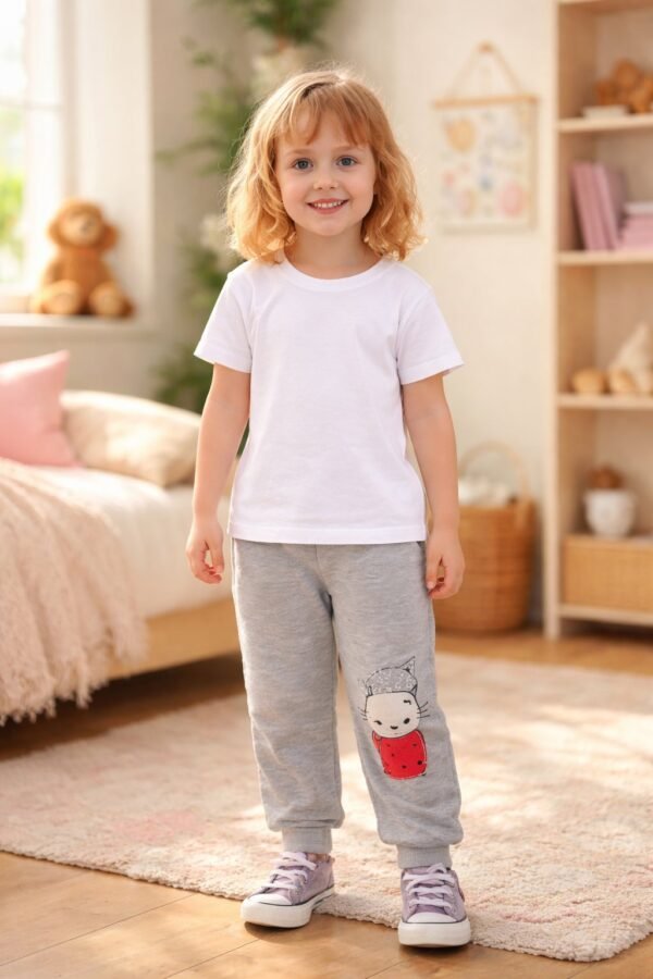 Kedi Desenli Kız Çocuk 3 Parça Eşofman Takımı - Gri Kedi Baskılı Çocuk Spor Kıyafeti Seti - Gorsel 2