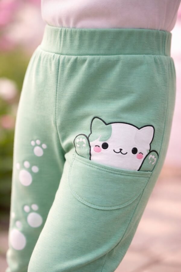 Yeşil Kız Çocuk Tayt Baskılı Kedi Patili Günlük Rahat Giyim - Gorsel 3